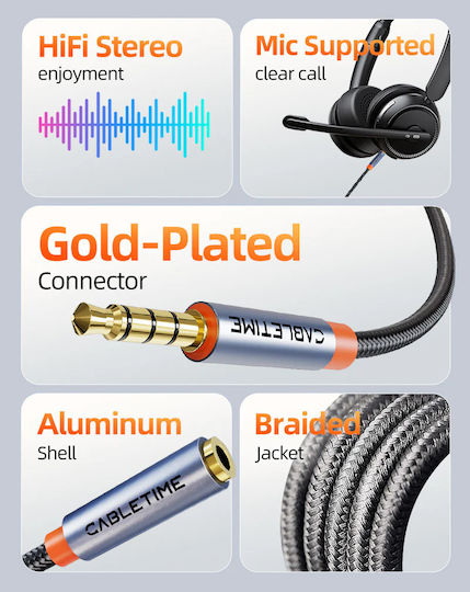 Cabletime Καλώδιο Ήχου 3.5mm male - 3.5mm male Μαύρο 2m με Επίχρυσους Ακροδέκτες CT-AE35M-AG2