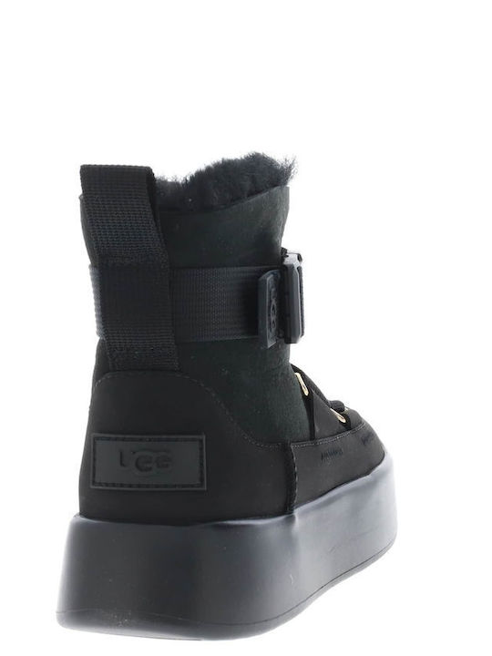 Classic Boom Buckle Suede Women's Ankle Boots with Fur Black