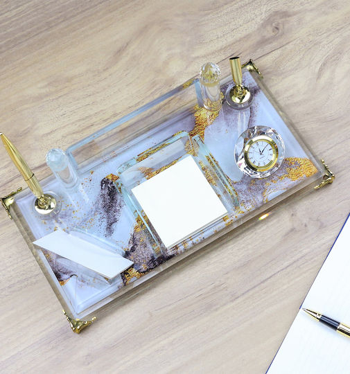 Crystal Desk Set Marble Design & Gold Details Pen Holder Note Holder Card Holder & Clock Code Km-55