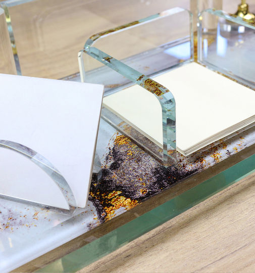 Crystal Desk Set Marble Design & Gold Details Pen Holder Note Holder Card Holder & Clock Code Km-55