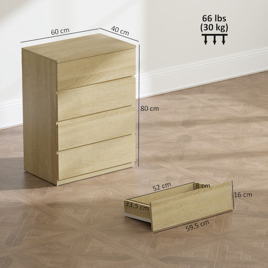 Wooden Chest of Drawers with 4 Drawers Οξιάς 60x40x80cm