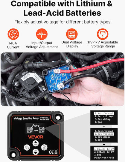 Vevor 12v 140 Amp Dual Battery Isolation Kit Manual Automatic Relay Vsr Voltage Sensitive Voltmeter Lcd Display Smart Battery Isolator Compatible Lead Acid Batteries Utv Atv