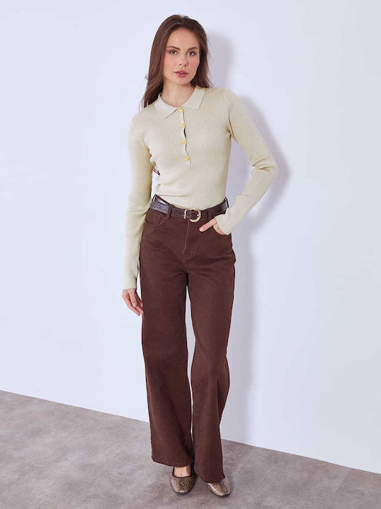 Celestino Γυναικείο Πουλόβερ Ριπ Γιακά Κουμπιά Slim Fit Μπεζ