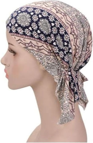 Turban Din Bumbac Lycra Ecru Albastru Cu Flori