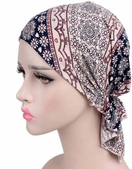 Turban Din Bumbac Lycra Ecru Albastru Cu Flori