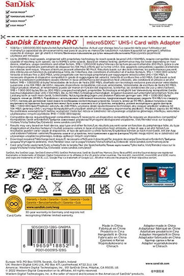 Sandisk Extreme Pro microSDXC 128GB U3 V30 A2 UHS-I 200MB/s με αντάπτορα