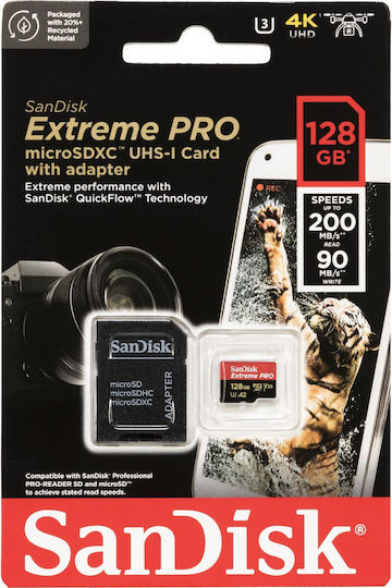Sandisk Extreme Pro microSDXC 128GB U3 V30 A2 UHS-I 200MB/s με αντάπτορα