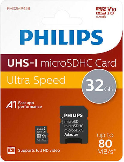 Philips FM32MP45B microSDHC 32GB U1 V10 Висока Скорост 80MB/s с Адаптер