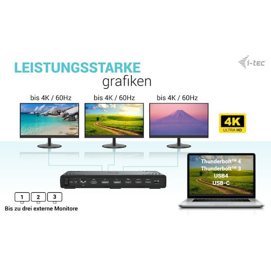 i-tec USB-C Docking Station με HDMI/DisplayPort 4K PD Ethernet και σύνδεση 3 Οθονών Μαύρο (C31TRIPLE4KDOCKPD)