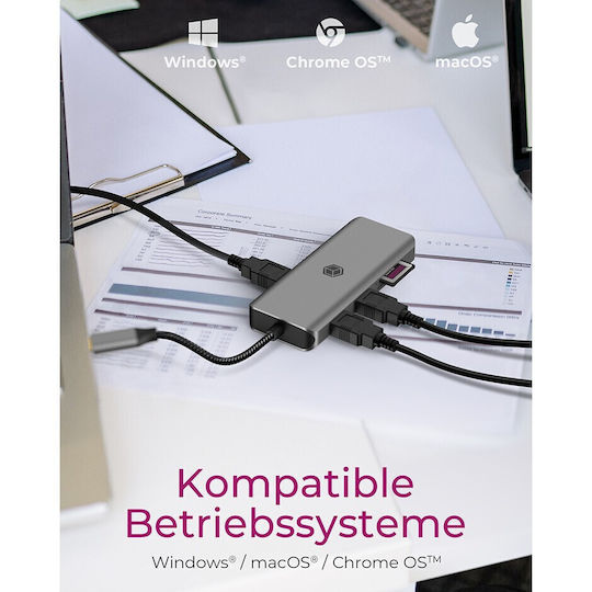Icy Box IB-DK4012-CPD USB-C Docking Station mit HDMI 4K PD Ethernet und Verbindung 2 Monitore Gray