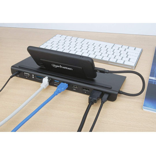 Manhattan USB-C Docking Station with DisplayPort 4K PD Ethernet and 3 Monitors Connection Black