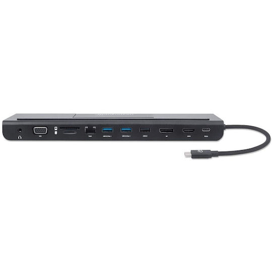 Manhattan USB-C Docking Station with DisplayPort 4K PD Ethernet and 3 Monitors Connection Black