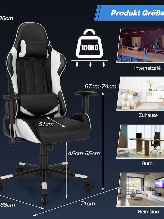 Costway CB10299WH Καρέκλα Gaming Δερματίνης με Ρυθμιζόμενα Μπράτσα Λευκή