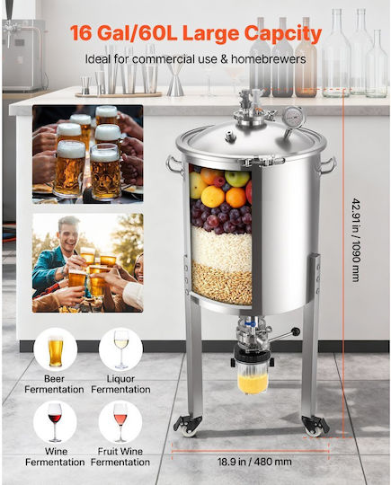 Conical Fermenter Vevor Stainless Steel Fermentation Tank Home Brewing 16 Gallons 60 Liters Brewing Bucket Fermenter Conical Bottom 3 Wheels Cap Handle Thermometer Wine Beer Fermentation