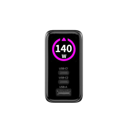 Mobile Origin Φορτιστής GaN με Θύρα USB-A και 2 Θύρες USB-C 140W Power Delivery Μαύρος (PW21)