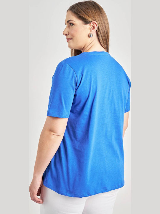 Bluza Damă Bumbac Mâneci Scurte cu Decolteu în V Albastră