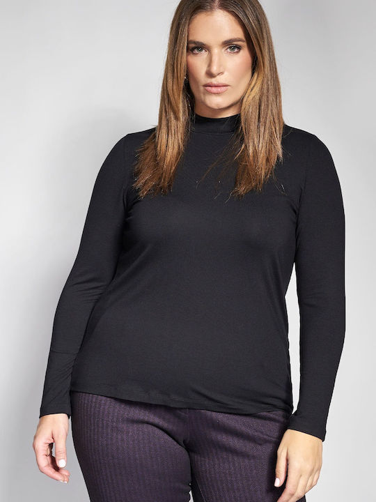 Bluza Damă Mânecă Lungă Cu Guler Înalt Neagră