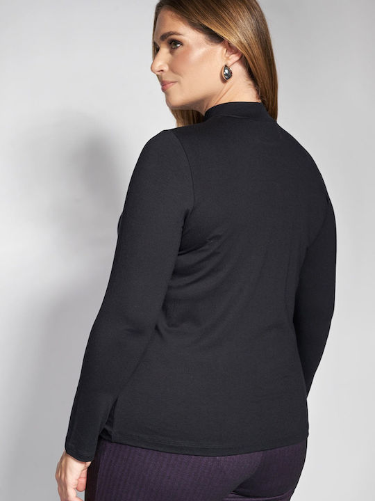 Bluza Damă Mânecă Lungă Cu Guler Înalt Neagră