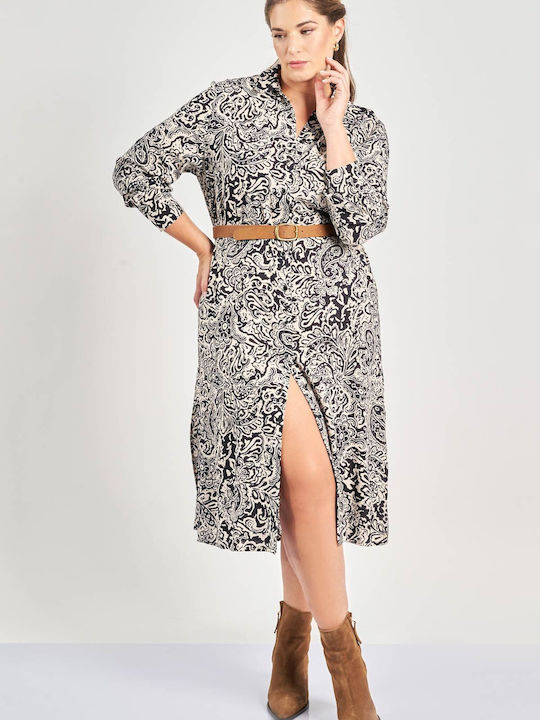 Rochie-Cămașă Midi Mânecă Lungă Imprimeu Paisley