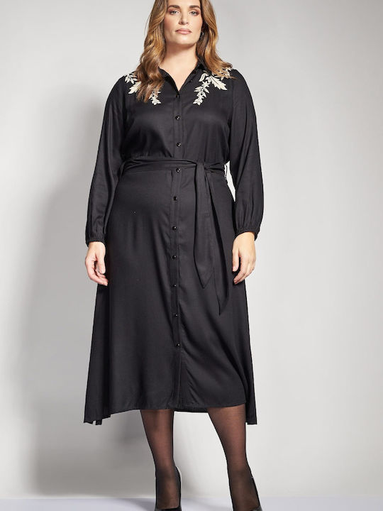 Rochie-Cămașă Midi Mânecă Lungă Neagră