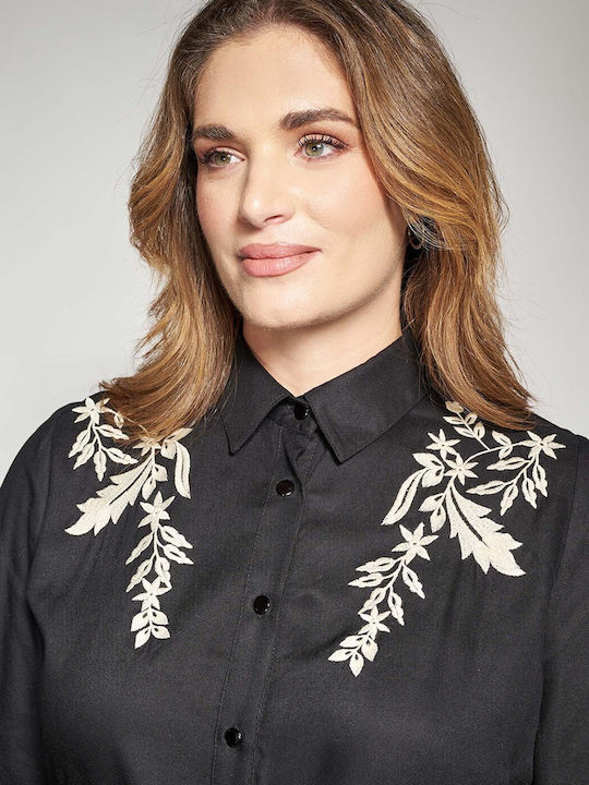 Rochie-Cămașă Midi Mânecă Lungă Neagră