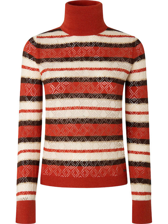 Women's Long Sleeve Sweater Turtleneck Striped Red