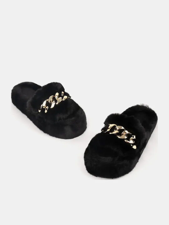 Papuc Flat Femeiesc Cu Blană Lanț Decorativ Mărimea 40 Negru