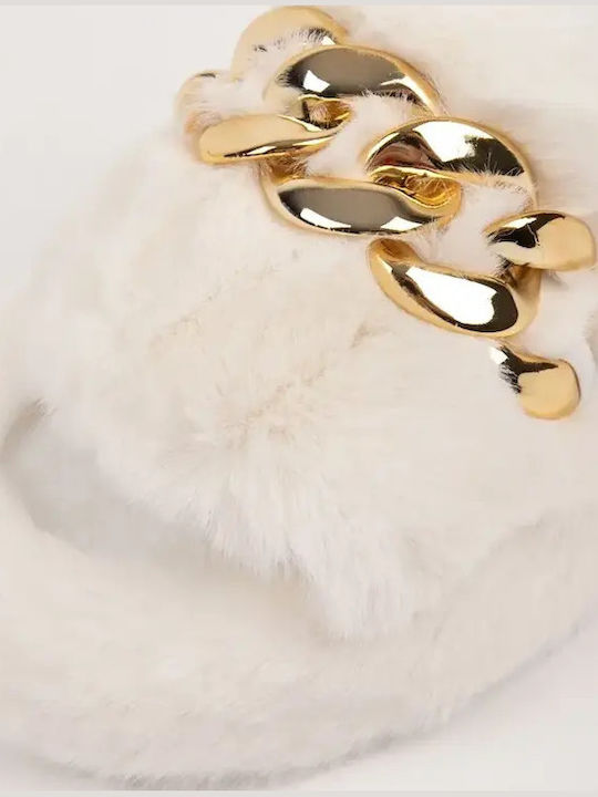 Women's Flat Slipper Fur Decorative Chain Size 39 White