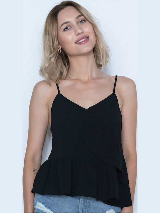Дамски Летен Crop Top с Тънки Презрамки Черен