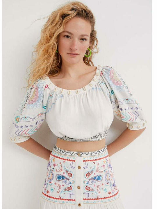Γυναικείο Καλοκαιρινό Crop Top Λινό με Μανίκι 3/4 Λευκό