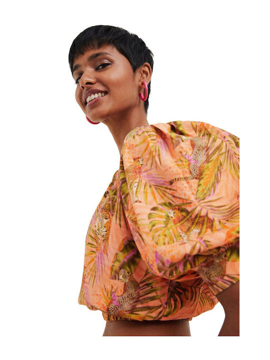 Safari Women's Summer Crop Top Linen Short Sleeve with Boat Neckline Floral Orange