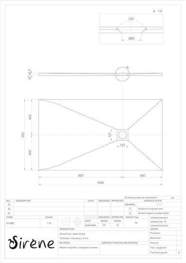 Sirene Slate Ντουζιέρα Τεχνητής Πέτρας 140x80cm Γκρι
