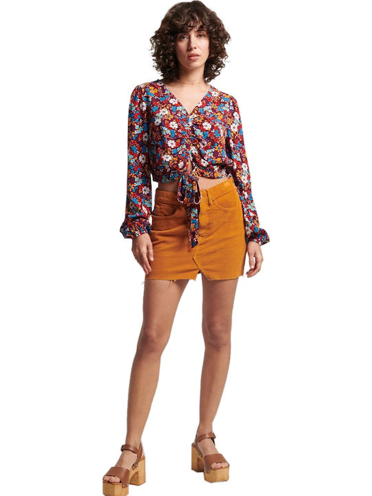 Vintage Women's Summer Crop Top Cotton Long Sleeve with V Neckline Floral Multicolour