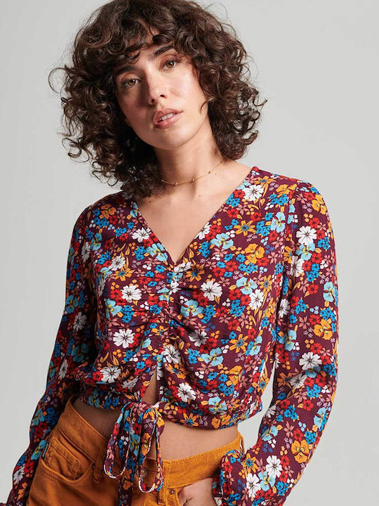 Vintage Women's Summer Crop Top Cotton Long Sleeve with V Neckline Floral Multicolour