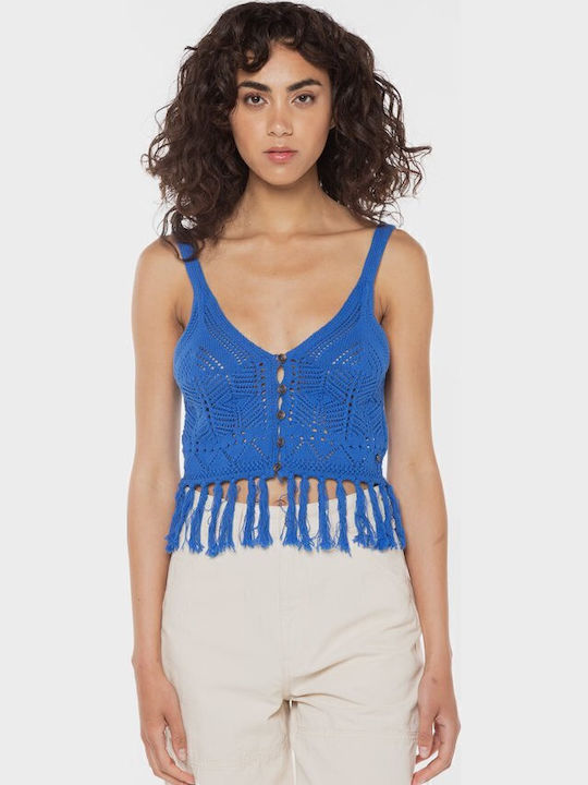 Loro Γυναικείο Καλοκαιρινό Crop Top Αμάνικο με V Λαιμόκοψη Μπλε