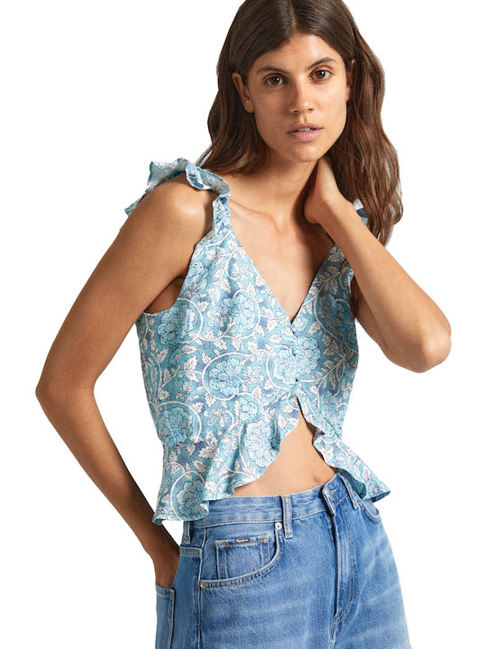 Emilia Damen Sommer Crop Top Leinen Ärmellos mit V-Ausschnitt Blumen Blau