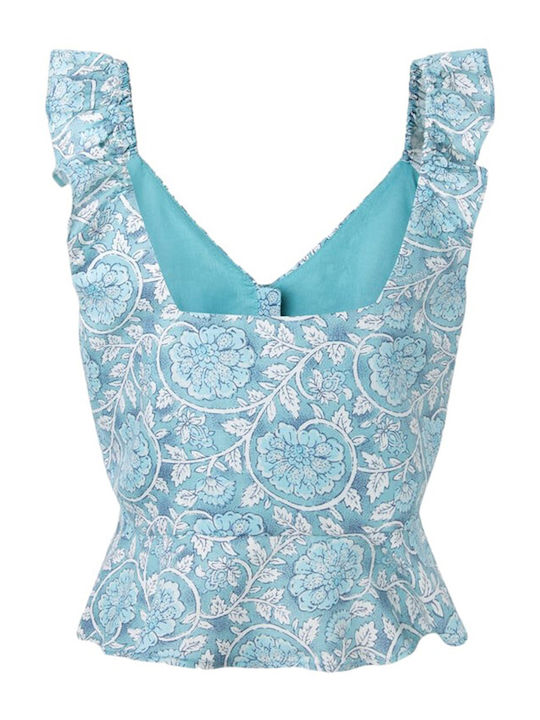 Emilia Damen Sommer Crop Top Leinen Ärmellos mit V-Ausschnitt Blumen Blau