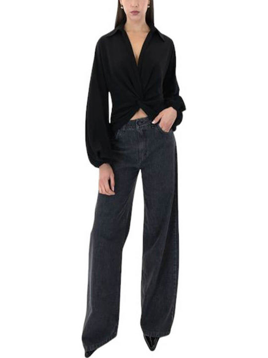 Women's Blouse Long Sleeve with V Neckline Black