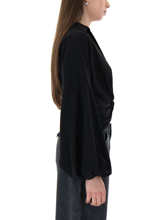 Women's Blouse Long Sleeve with V Neckline Black