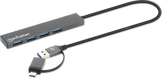 Manhattan Hub 4 Θυρών USB 3.0 με σύνδεση USB-A / USB-C Γκρι
