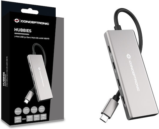 Conceptronic USB-Hub 7 Anschlüsse USB 3.2 mit USB-C Anschluss Silber