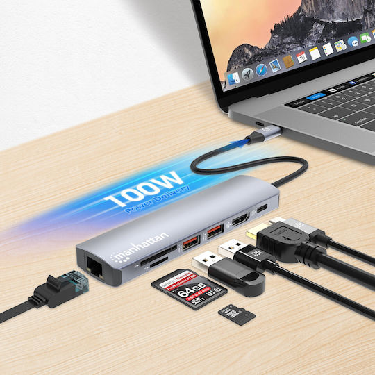 Manhattan USB-C Docking Station with HDMI 4K PD Ethernet Gray (153966)