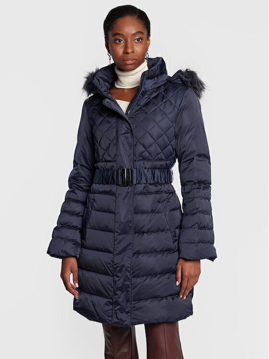 Women's Long Puffer Jacket for Winter with Hood Navy Blue
