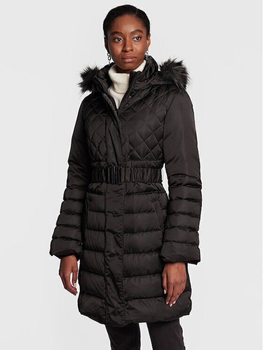 Women's Long Puffer Jacket for Winter with Hood Black