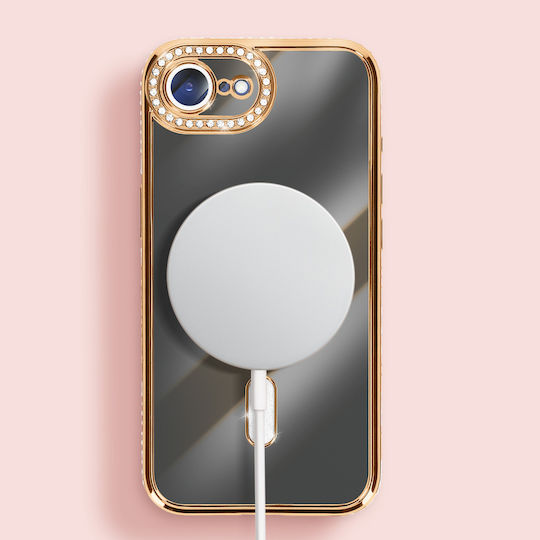 Avizar Husa iPhone 16e Compatibilă Cu Magsafe Contur Cu Strasuri Auriu