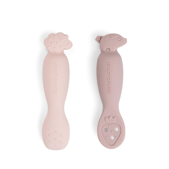 Done by Deer Baby Set with Spoons Tiny Farm with Temperature Indicator made of Silicone Pink 2pcs