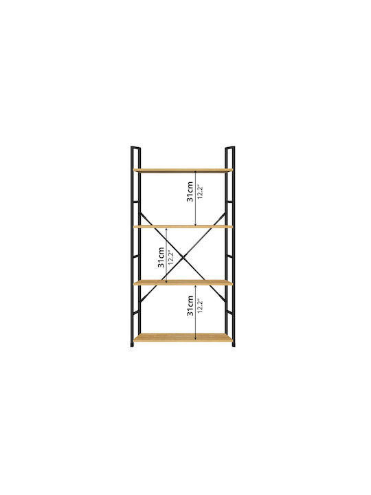 Βιβλιοθήκη Artemis-60112 Δρυς 4 Ράφια 58,6x23,5x112εκ Μαύρος Μεταλλικός Σκελετός
