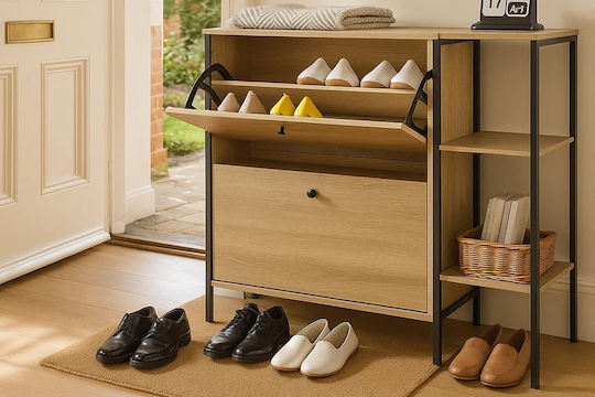 Shoe Organizer Metal-Wood Metalwood-88 2 Doors 2 Shelves Sonoma 88x24x87cm MDF Melamine Black Metal Frame