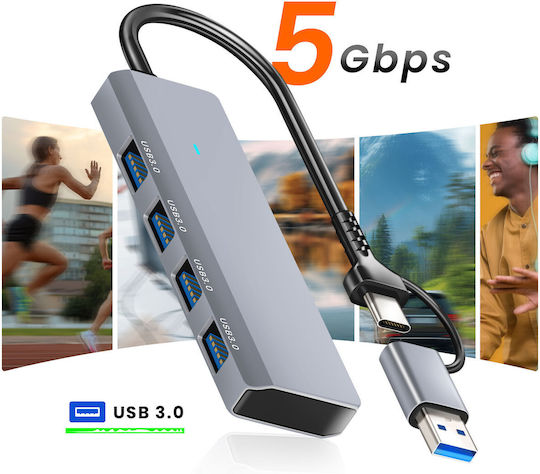 Linq USB C Хъб 4 В 1 4 USB 3.0 Порта Бърз Пренос На Данни Сив