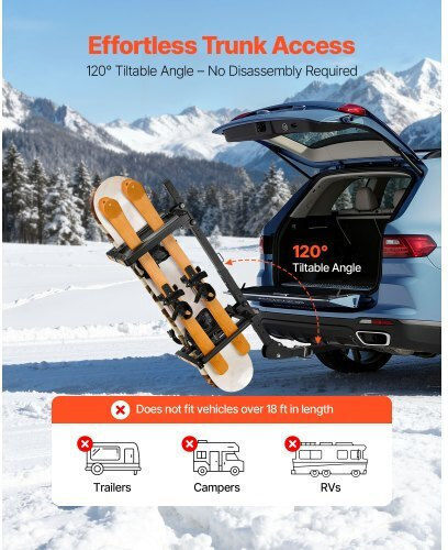 Vevor Folding Ski & Snowboard Tow Bar Rack Fits 50 Mm Hitch Carries Up To 6 Ski Pairs or 4 Snowboards Adjustable Car Rack Lock Safety Strap Access Tilt